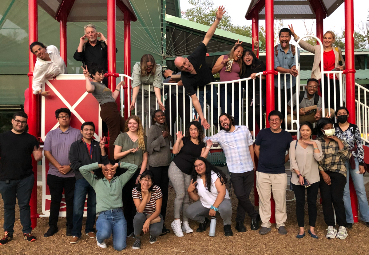Scholars, faculty, and staff from PREP@UC Davis, Santa Cruz, and Berkeley on a barn-themed play structure in Davis