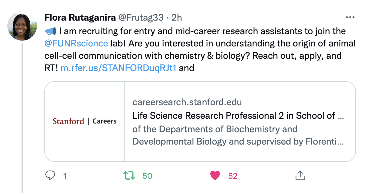 tweet advertising a position in the FUNR lab at Stanford