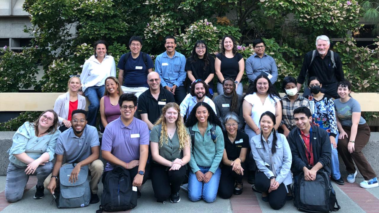 Group photo of students and faculty from PREP sites at UC Davis, Santa Cruz, and Berkeley outside Briggs Hall at UC Davis