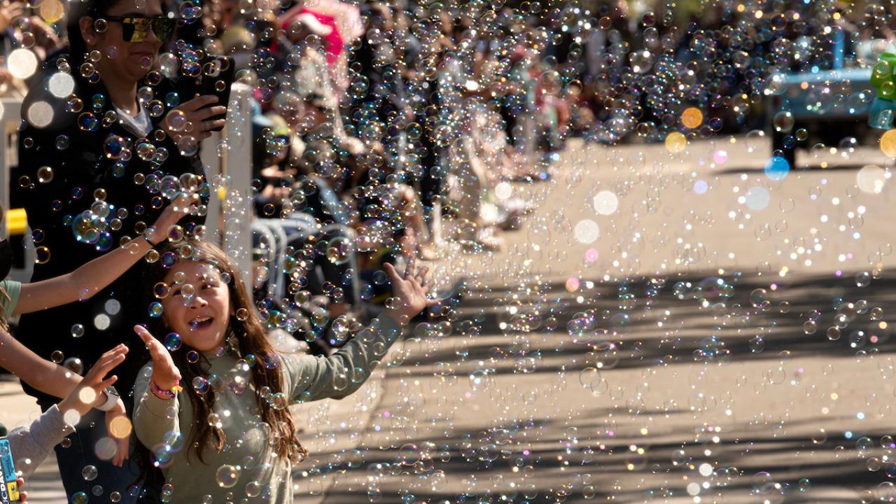 crowd enjoying a rain of bubbles in the Picnic Day parade, 2023