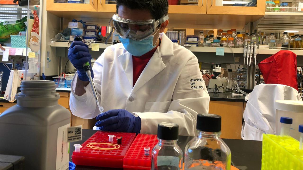 Researcher pipetting in biology lab