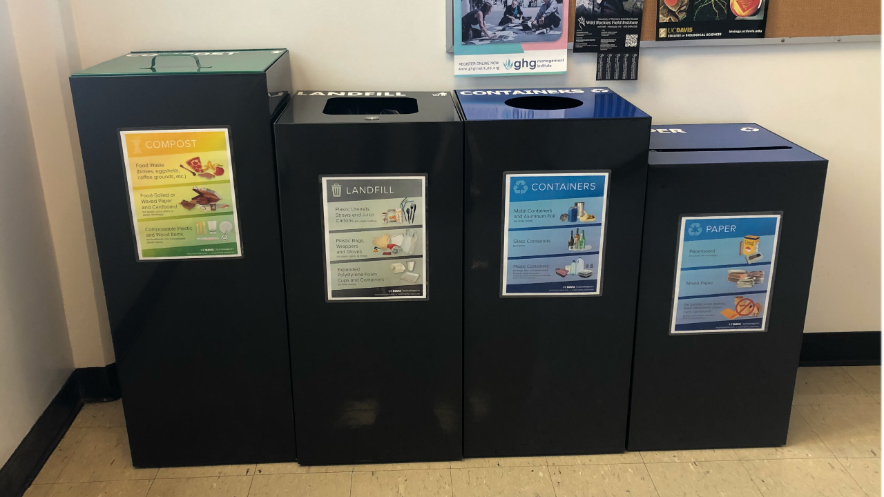 Bins for compost, recyclable containers, paper, and landfill