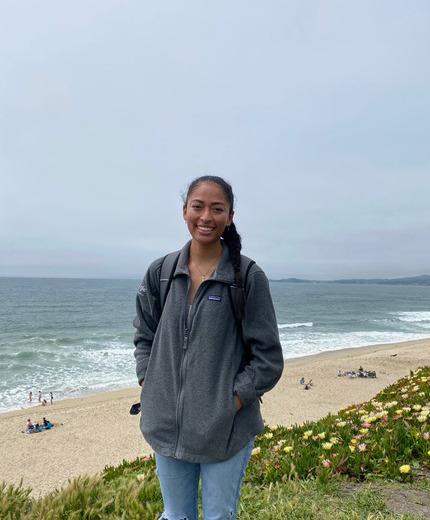 Happy person on a foggy beach