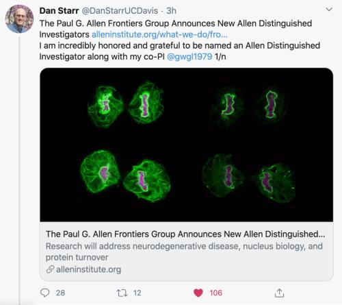 Screen shot of a tweet announcing the Allen Investigators, including Dan Starr